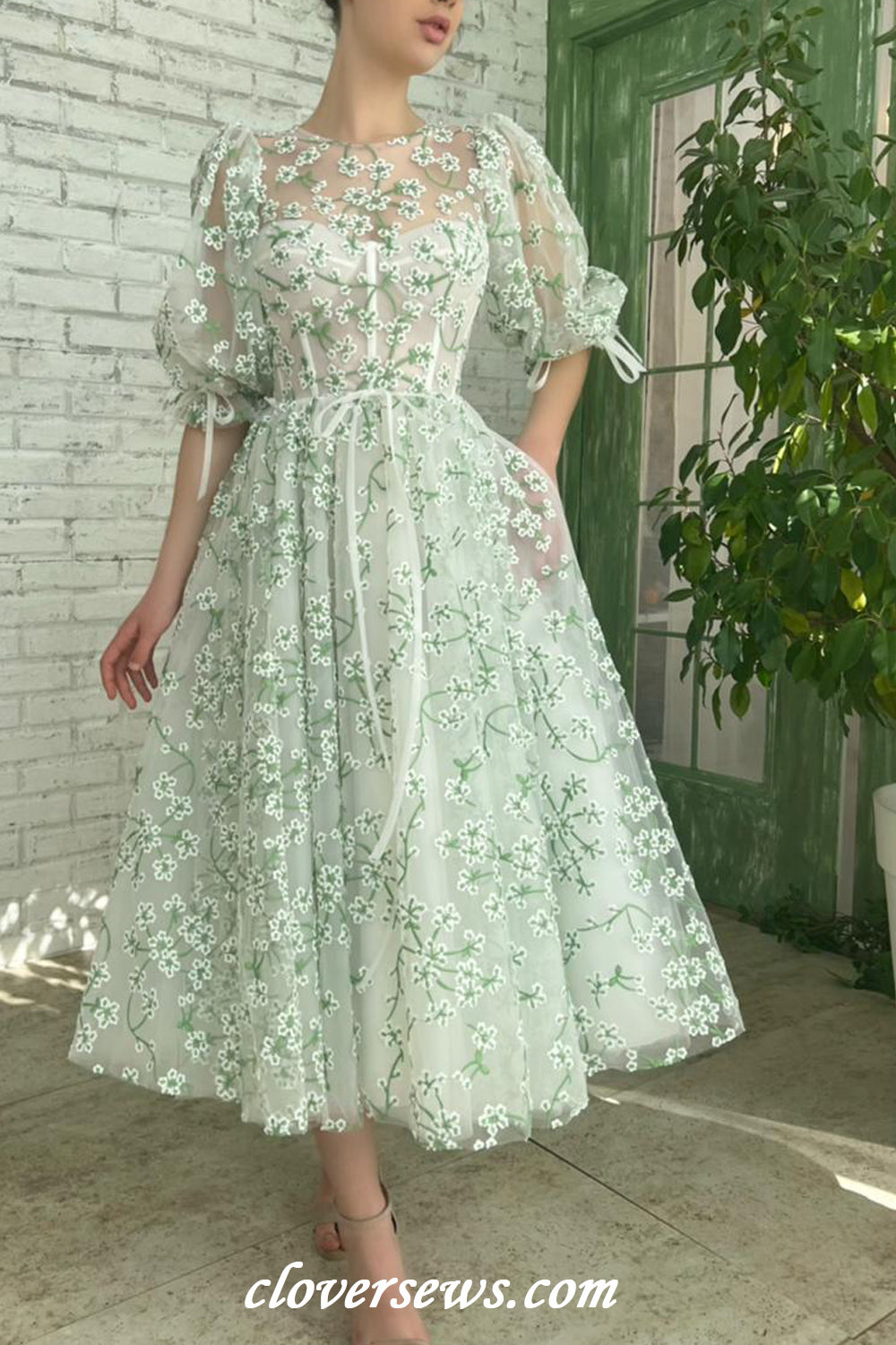 Green Embroidery Tulle Round Neck Half Sleeves Tea Length Spring Dresses,CP1139