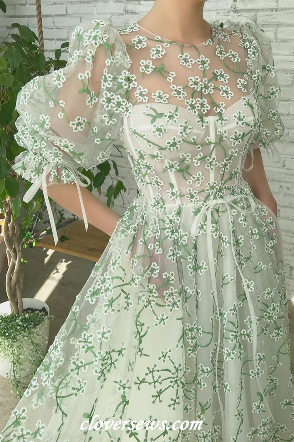 Green Embroidery Tulle Round Neck Half Sleeves Tea Length Spring Dresses,CP1139