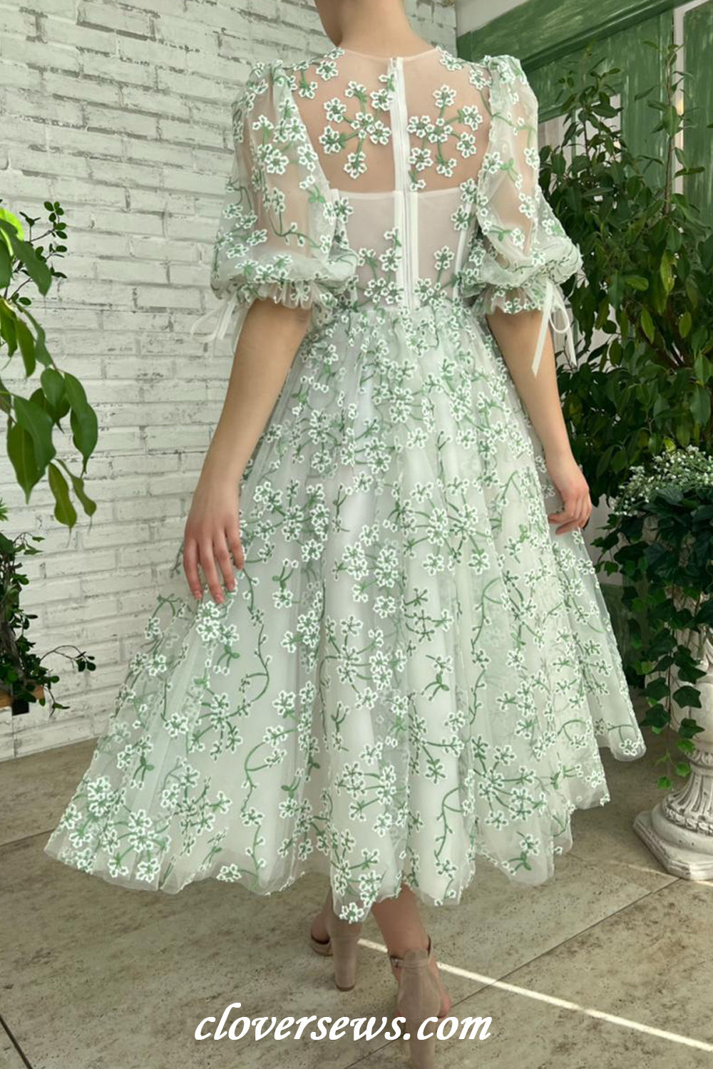 Green Embroidery Tulle Round Neck Half Sleeves Tea Length Spring Dresses,CP1139