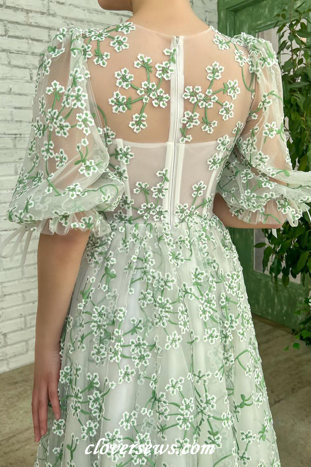 Green Embroidery Tulle Round Neck Half Sleeves Tea Length Spring Dresses,CP1139