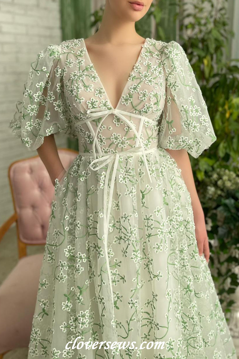 Green Embroidery Tulle V-neck Puffy Sleeves A-line Charming Spring Dresses, CP1138