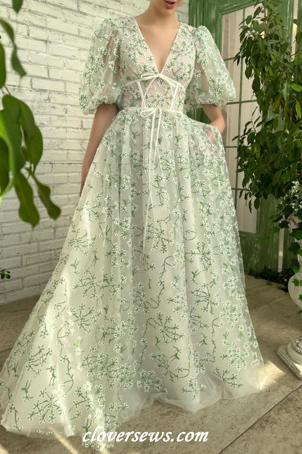 Green Embroidery Tulle V-neck Puffy Sleeves A-line Charming Spring Dresses, CP1138