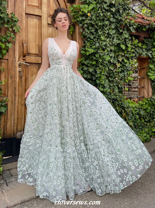 Green Embroidery Tulle V-neck Sleeveless Elegant Charming Spring Dresses, CP1141
