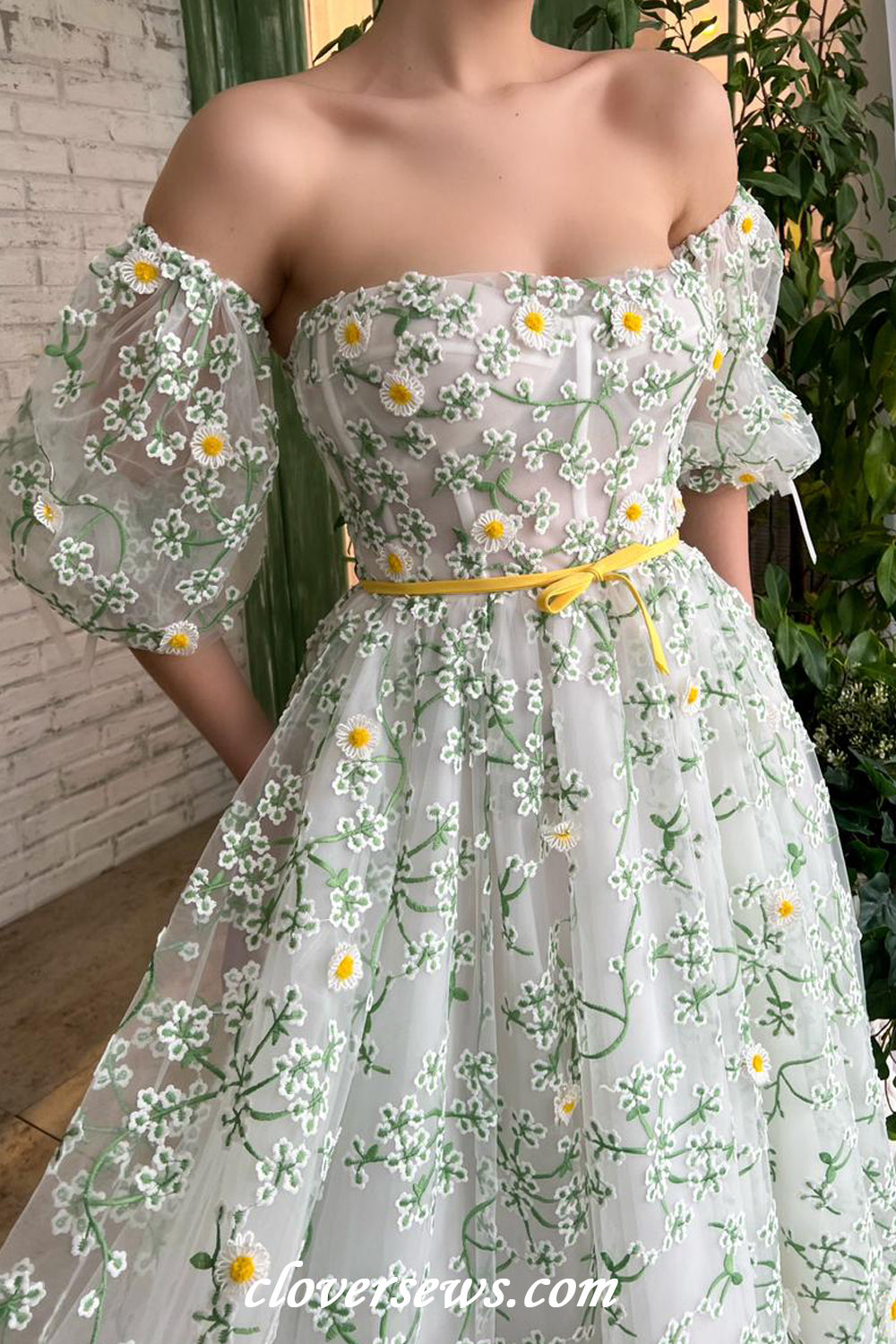 Green Embroidery Tulle With Floral Applique Off The Shoulder Tea Length Spring Dresses, CP1140