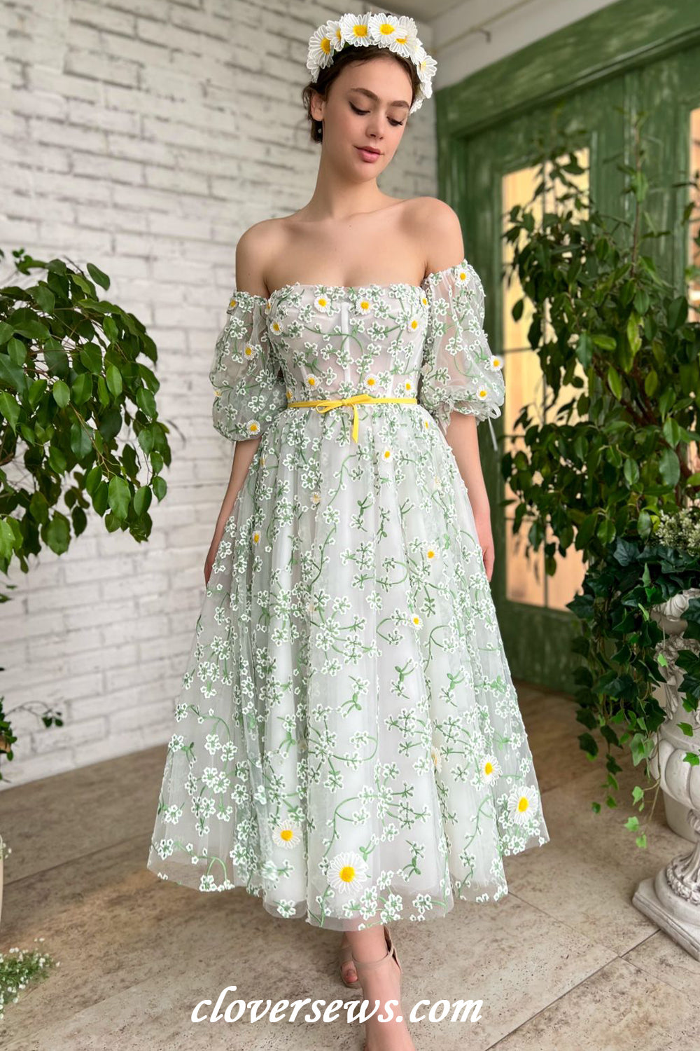 Green Embroidery Tulle With Floral Applique Off The Shoulder Tea Length Spring Dresses, CP1140