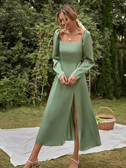 Green Long Sleeves Square Neck Tea Length Elegant Bridesmaid Dresses, CB0327