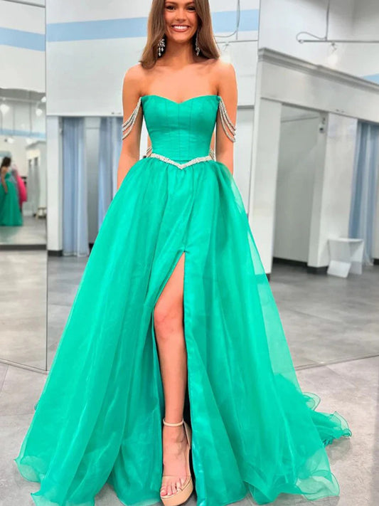 Green Organza Strapless With Rhinestone Strap A-line Princess Prom Dresses, CP1051
