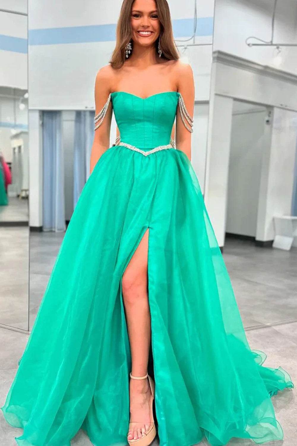 Green Organza Strapless With Rhinestone Strap A-line Princess Prom Dresses, CP1051
