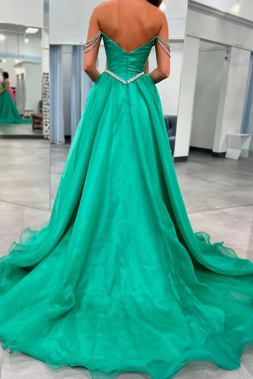 Green Organza Strapless With Rhinestone Strap A-line Princess Prom Dresses, CP1051