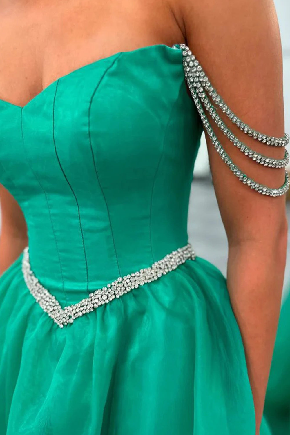 Green Organza Strapless With Rhinestone Strap A-line Princess Prom Dresses, CP1051