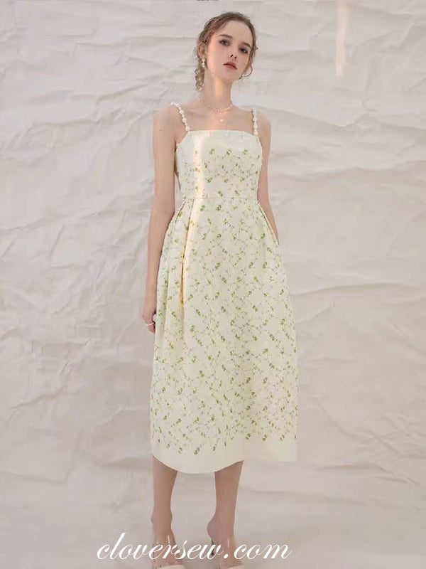 Green Printed Satin Peral Straps Knee Length Wedding Party Bridesmaid Dresses, CB0296