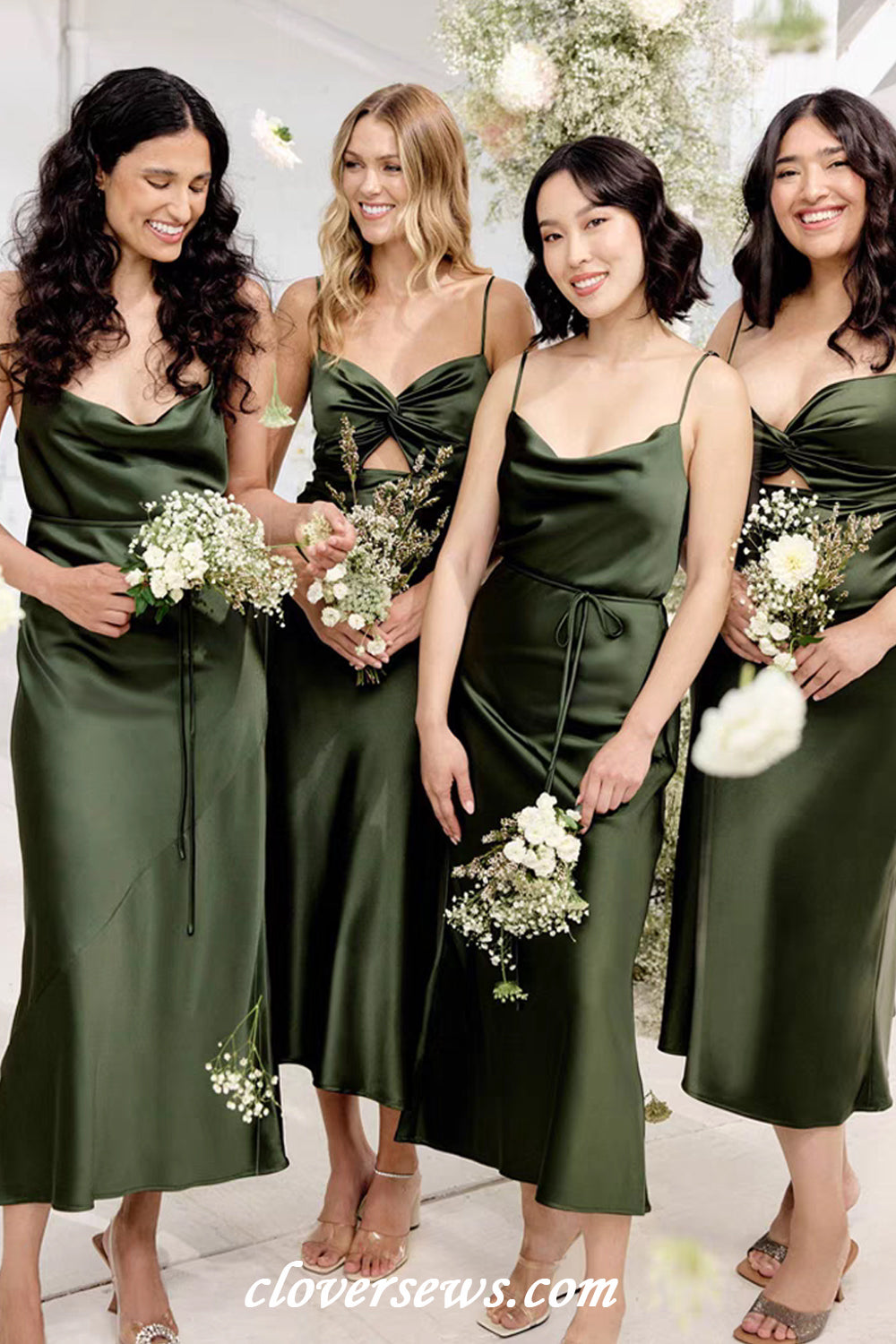 Green Silk Satin Spaghetti Strap Mismatched Column Tea Length Bridesmaid Dresses, CB0310