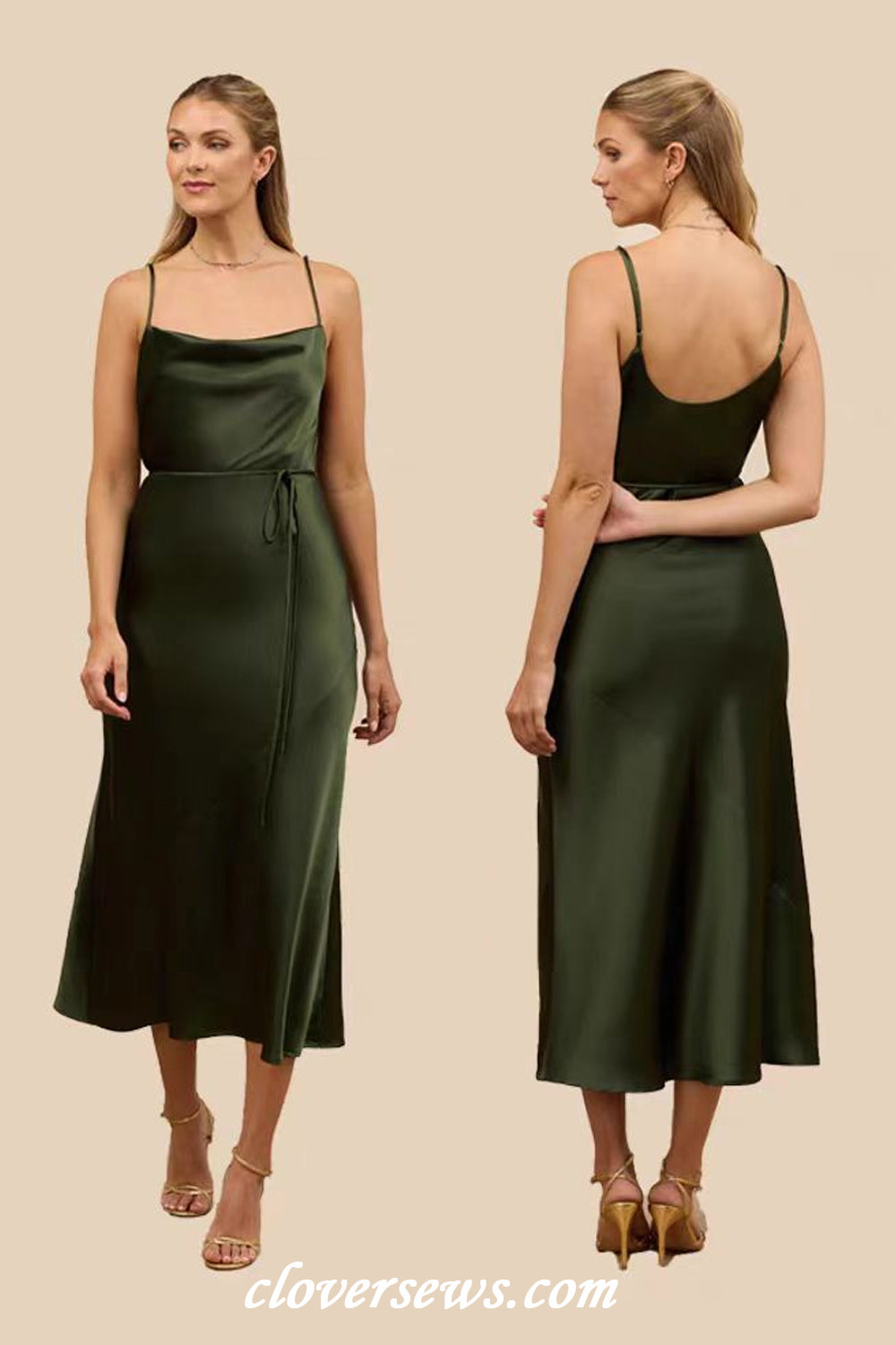 Green Silk Satin Spaghetti Strap Mismatched Column Tea Length Bridesmaid Dresses, CB0310