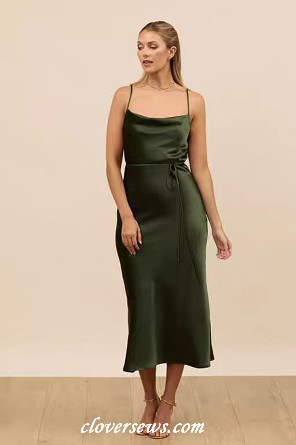 Green Silk Satin Spaghetti Strap Mismatched Column Tea Length Bridesmaid Dresses, CB0310