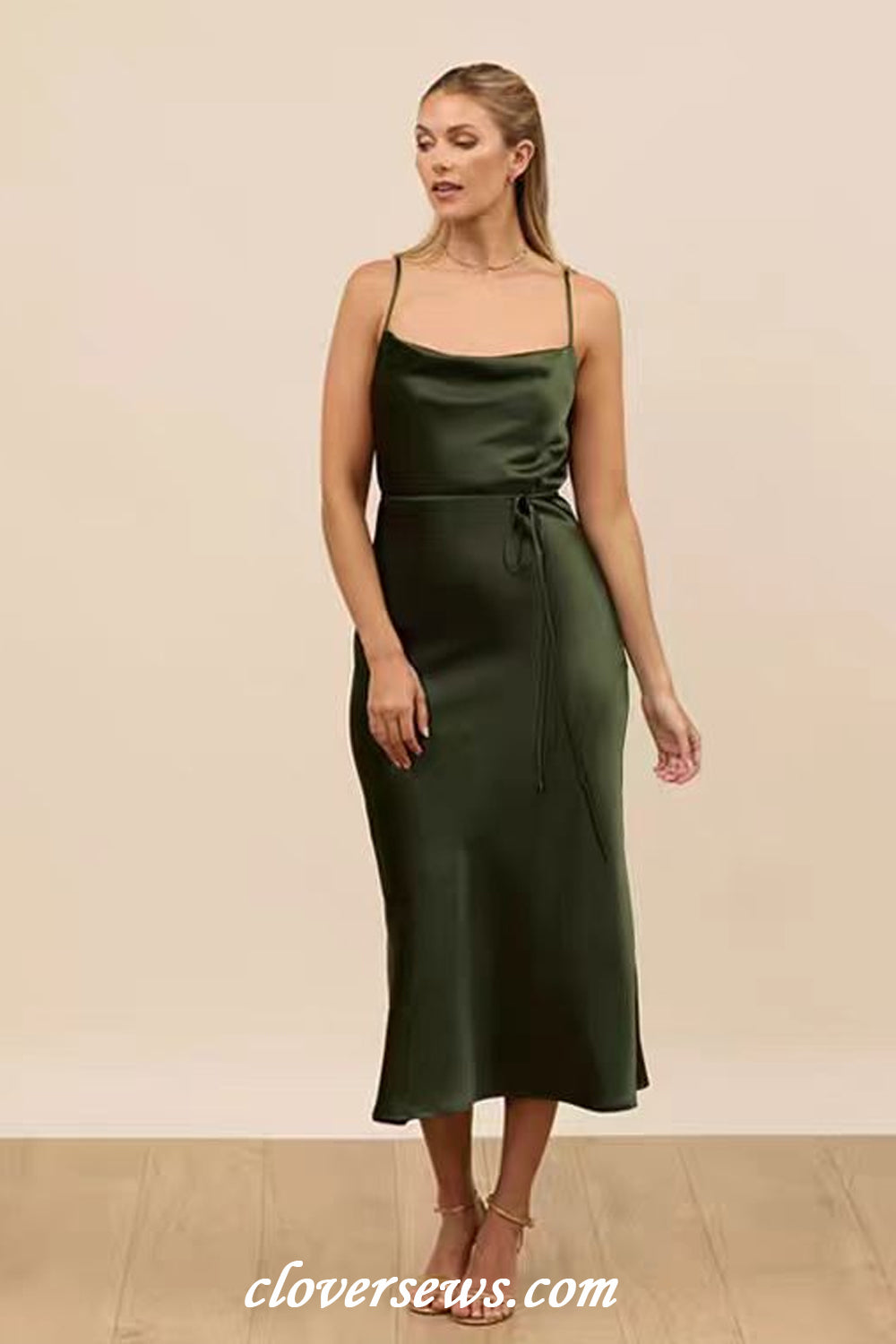 Green Silk Satin Spaghetti Strap Mismatched Column Tea Length Bridesma clover sew Green Silk Satin Spaghetti Strap Mismatched Column Tea Length Bridesma clover sew