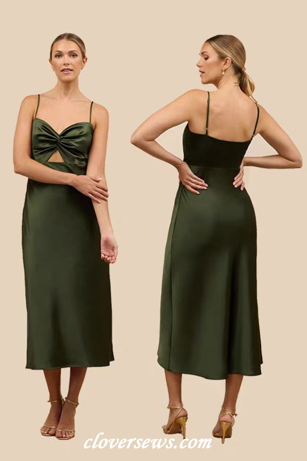 Green Silk Satin Spaghetti Strap Mismatched Column Tea Length Bridesmaid Dresses, CB0310