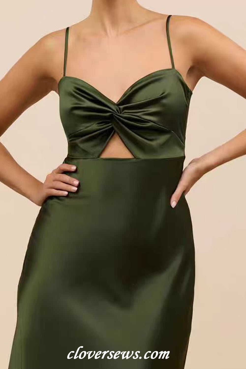 Green Silk Satin Spaghetti Strap Mismatched Column Tea Length Bridesmaid Dresses, CB0310