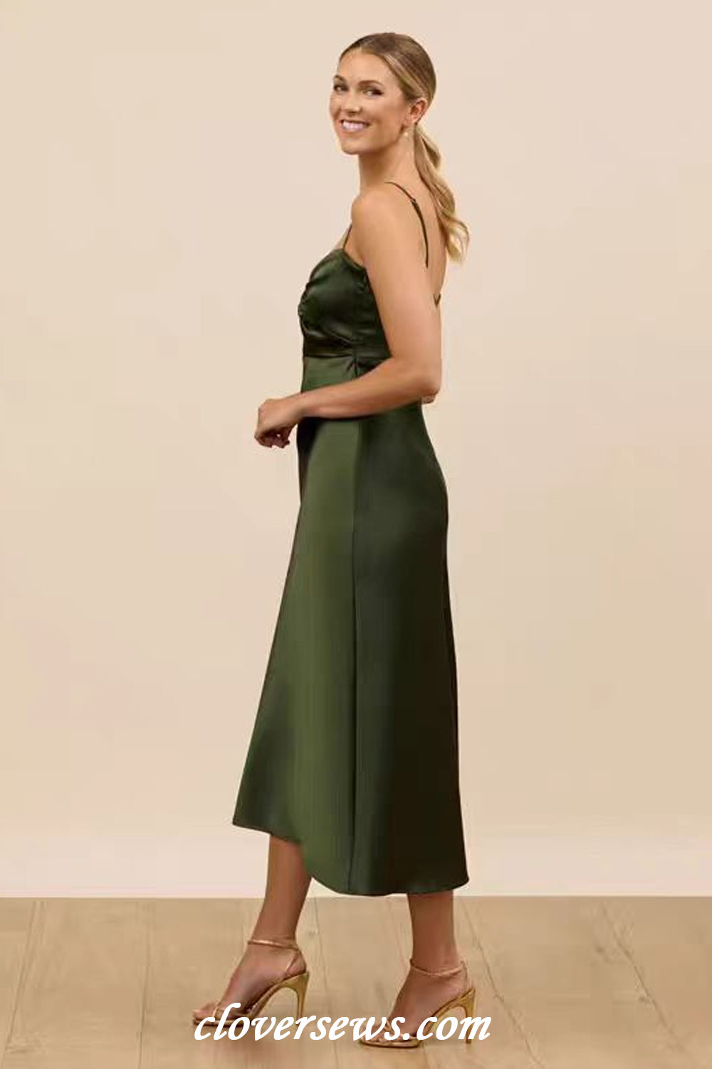 Green Silk Satin Spaghetti Strap Mismatched Column Tea Length Bridesma clover sew Green Silk Satin Spaghetti Strap Mismatched Column Tea Length Bridesma clover sew