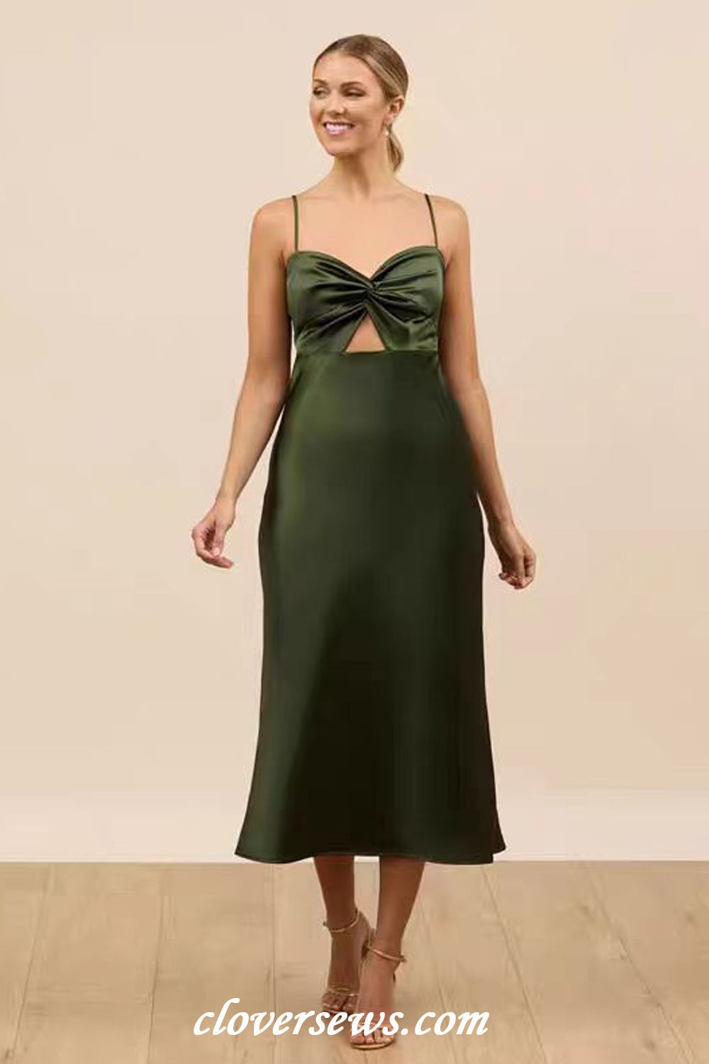 Green Silk Satin Spaghetti Strap Mismatched Column Tea Length Bridesmaid Dresses, CB0310