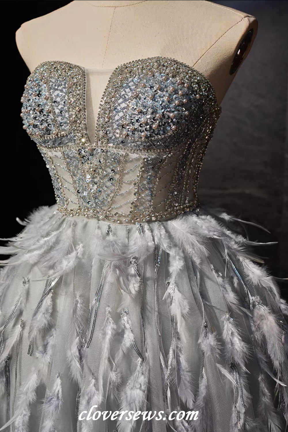 Grey Bead Strapless Feather A-line Short Party Dresses, CH0091 clover sew Grey Bead Strapless Feather A-line Short Party Dresses, CH0091 clover sew