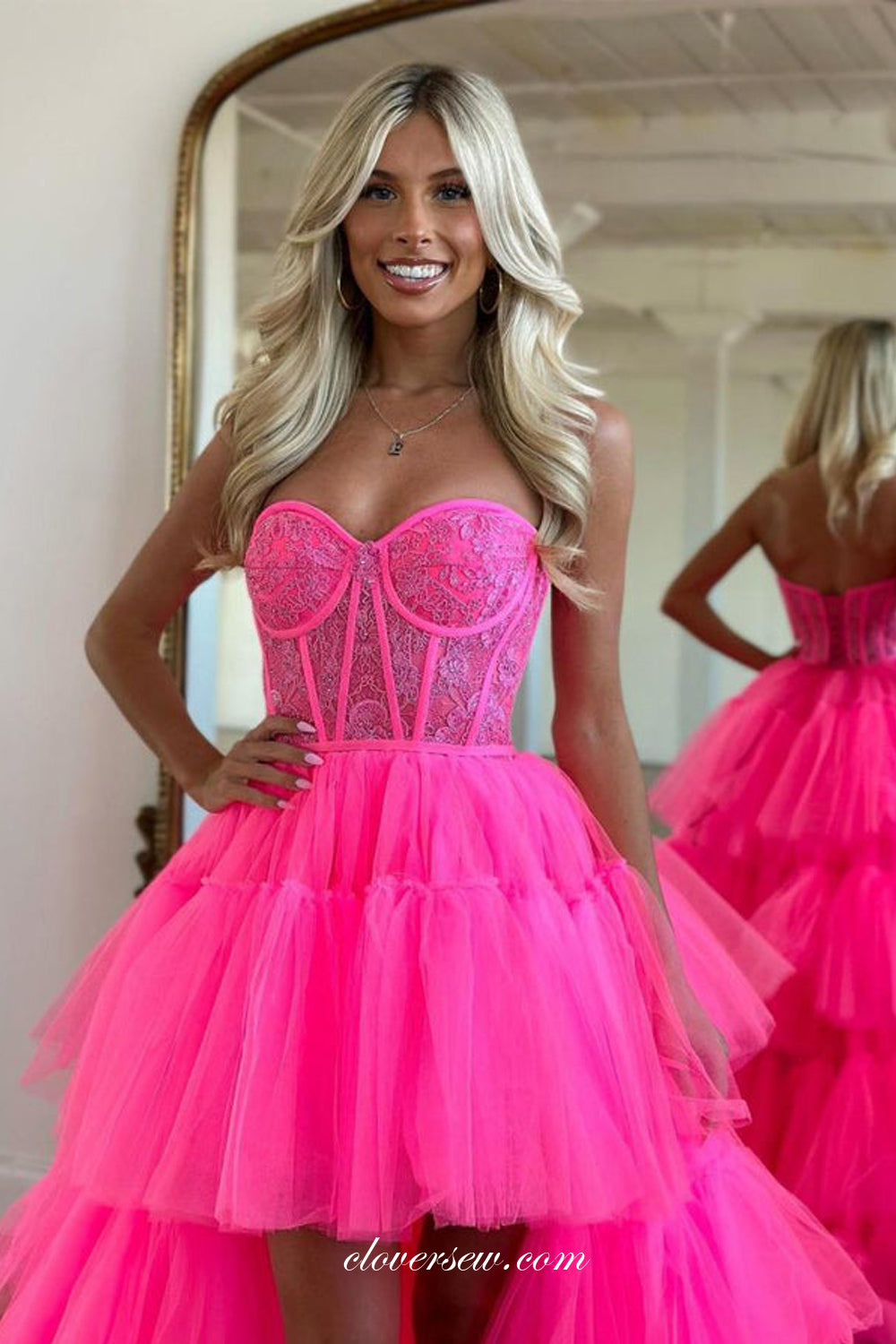Hot Pink Lace Sweetheart Strapless Tiered High Low Fashion Prom Dresse clover sew Hot Pink Lace Sweetheart Strapless Tiered High Low Fashion Prom Dresse clover sew