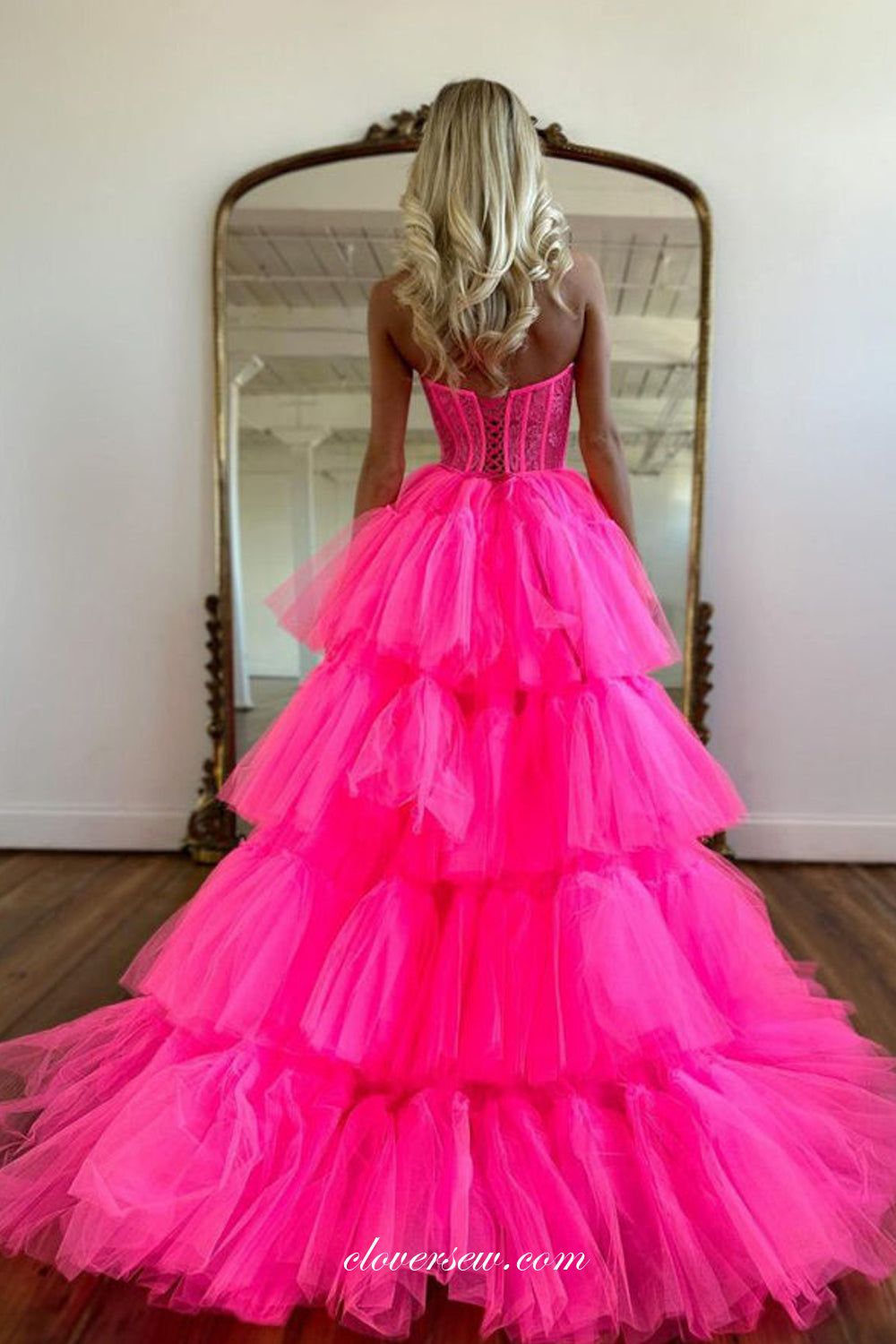 Strapless Lace Up Bodice High-Low Prom Dress With Ruffled Hem - Hot Pink Strapless Lace Up Bodice High-Low Prom Dress With Ruffled Hem - Hot Pink