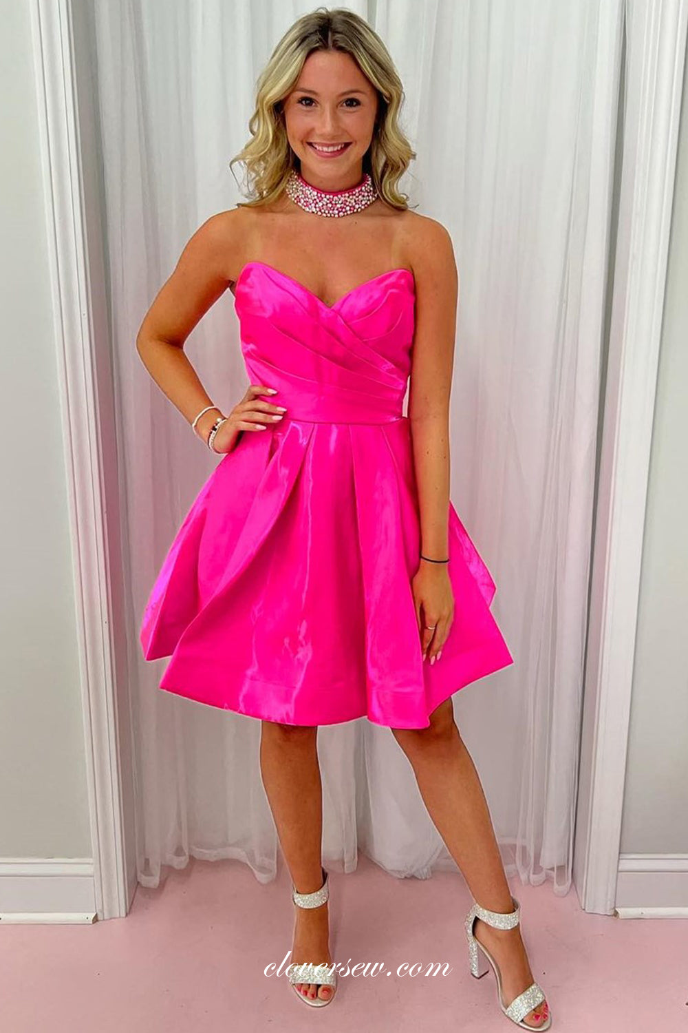 Hot Pink Satin Pleating V-neck Strapless A-line Short Homecoming Dresses, CH0066