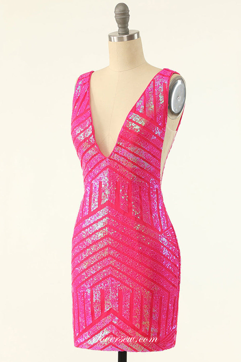 Hot Pink Sequined V-neck Sleeveless Shiny Popular Sheath Homecoming Dresses, CH0061