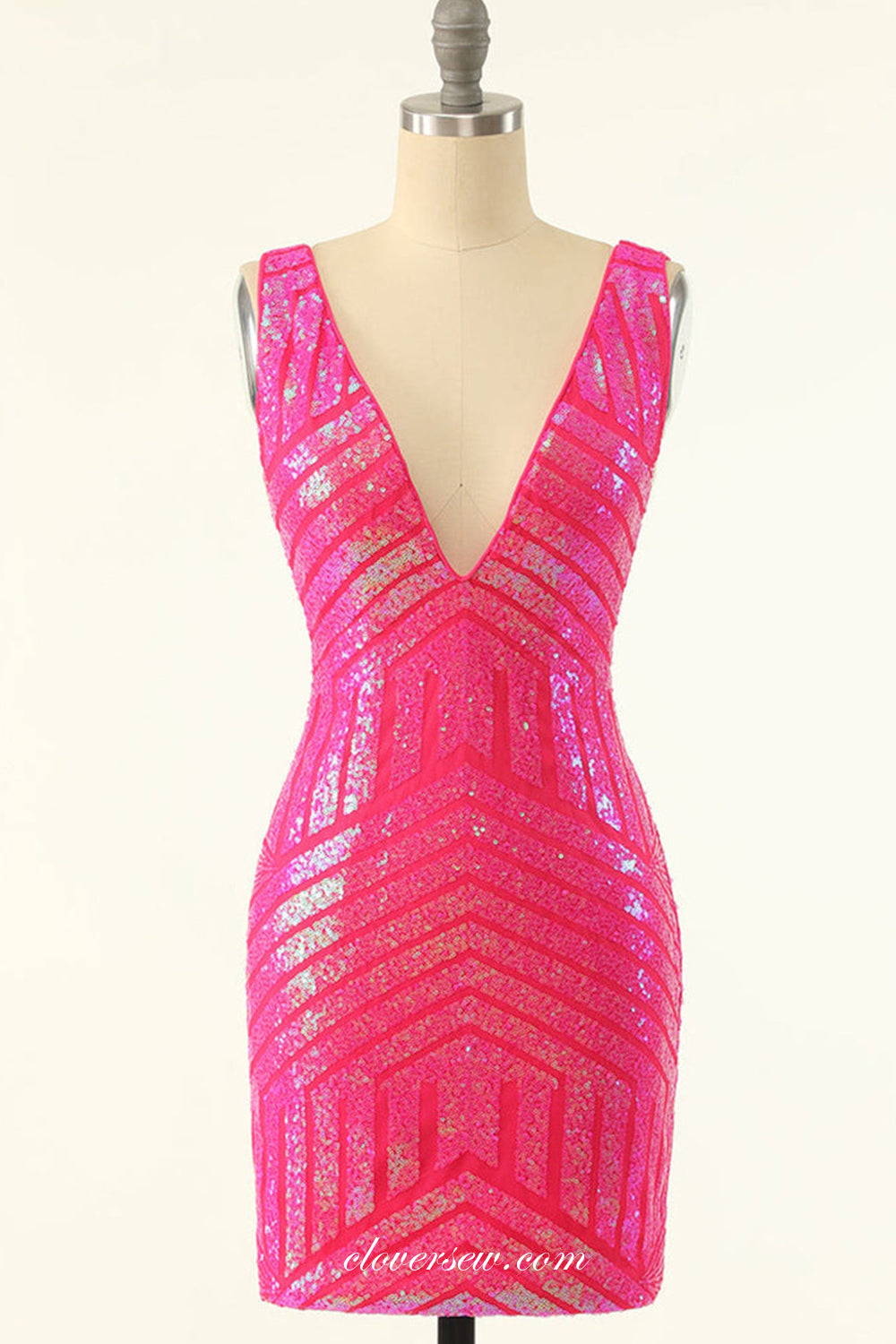 Hot Pink Sequined V-neck Sleeveless Shiny Popular Sheath Homecoming Dresses, CH0061