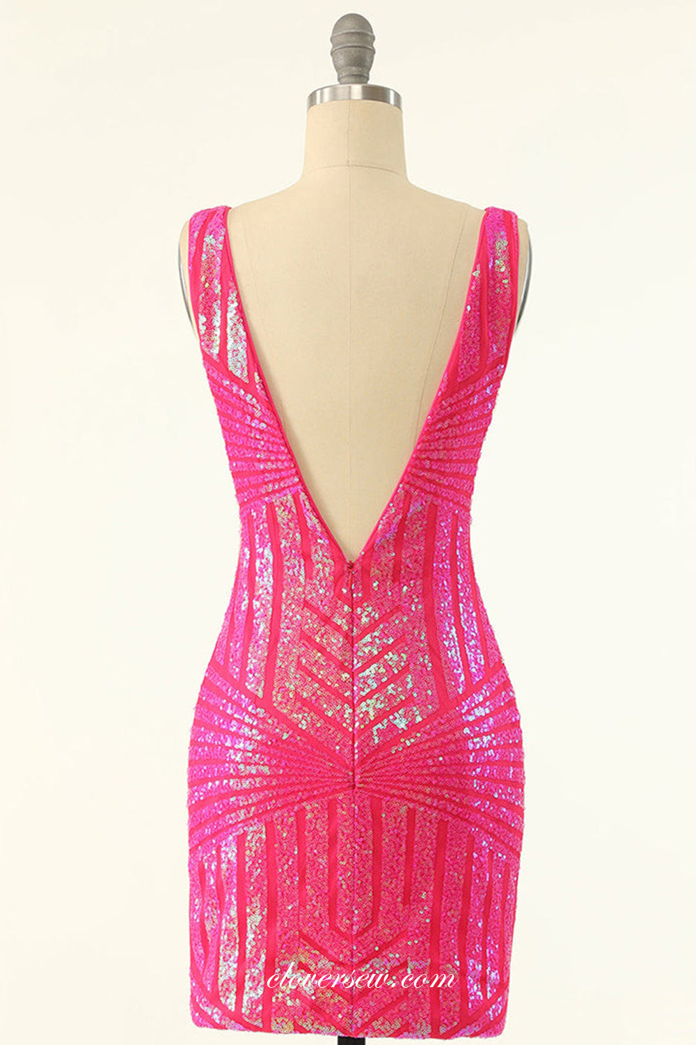 Hot Pink Sequined V-neck Sleeveless Shiny Popular Sheath Homecoming Dresses, CH0061