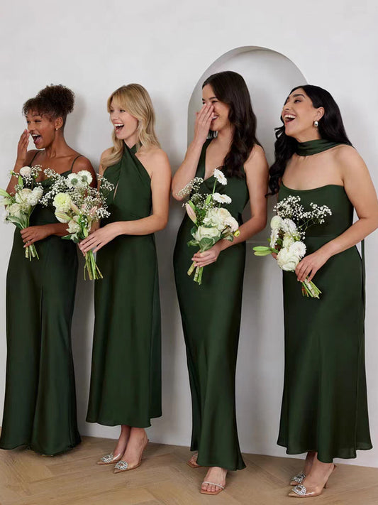 Hunter Green Chiffon Satin Mismatched Elegant Long Bridesmaid Dresses, CB0337