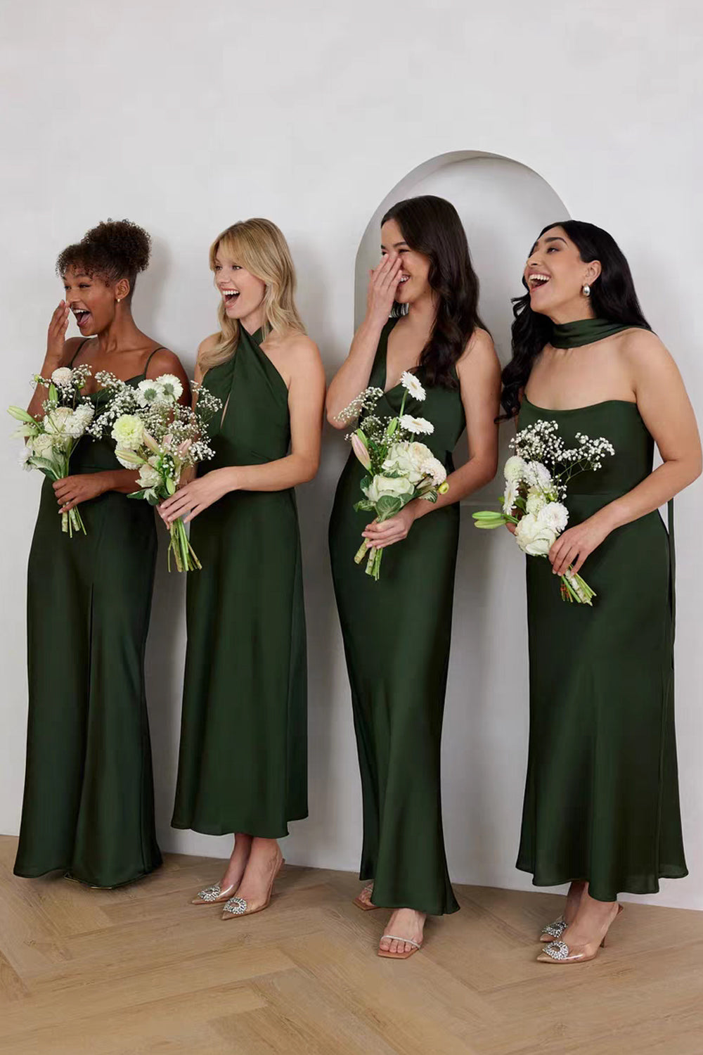 Hunter Green Chiffon Satin Mismatched Elegant Long Bridesmaid Dresses, CB0337