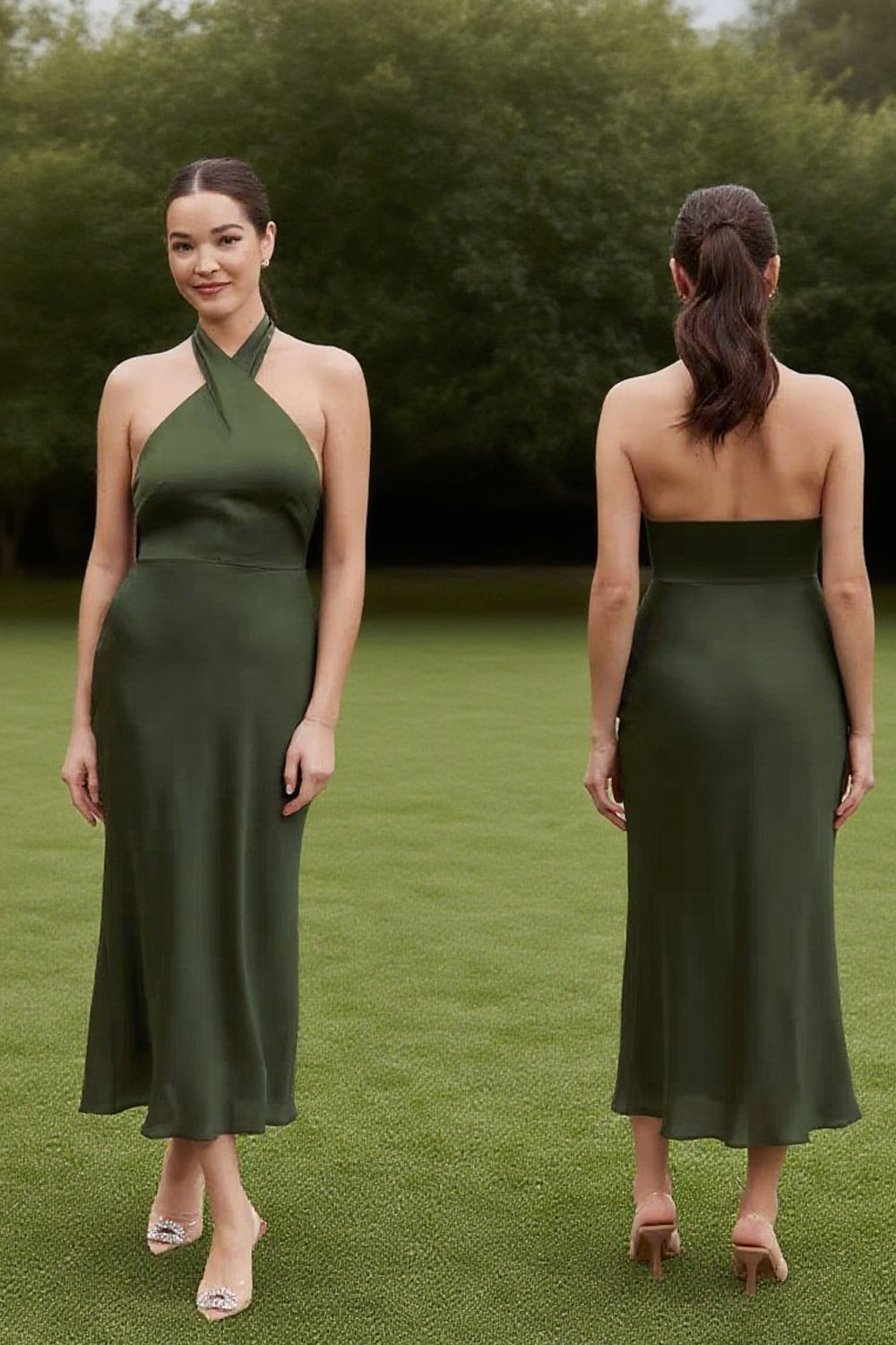 Hunter Green Chiffon Satin Mismatched Elegant Long Bridesmaid Dresses, clover sew Hunter Green Chiffon Satin Mismatched Elegant Long Bridesmaid Dresses, clover sew