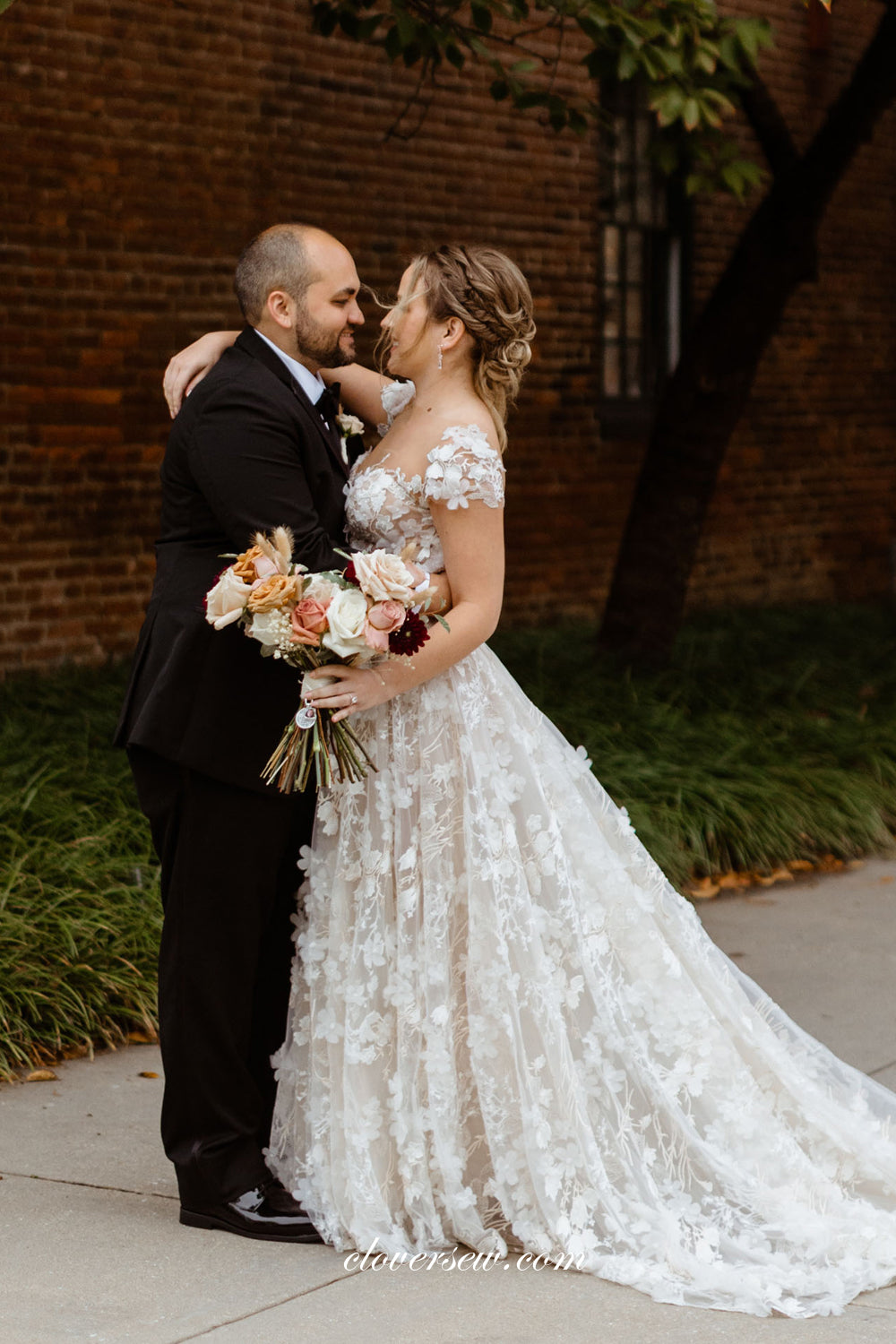 Amelia Sposa Illusion Back Dress With Cap Sleeve Ivory 3D Lace Cap Sleeves A-Line Illusion Amelia Sposa Illusion Back Dress With Cap Sleeve Ivory 3D Lace Cap Sleeves A-Line Illusion