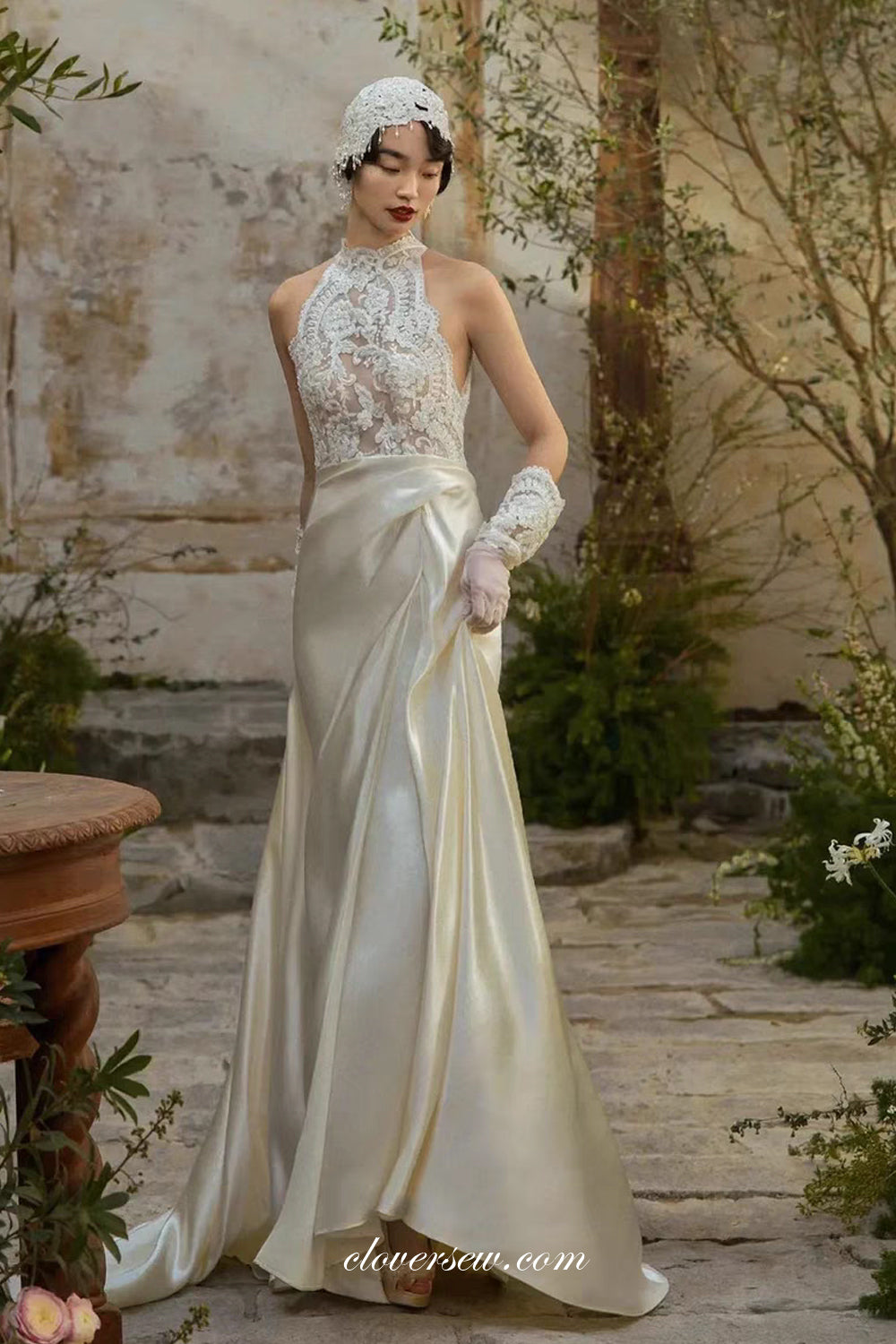 Ivory Silk Satin Illusion Lace Top Jewel Neck Vintage Wedding Dresses, CW0381