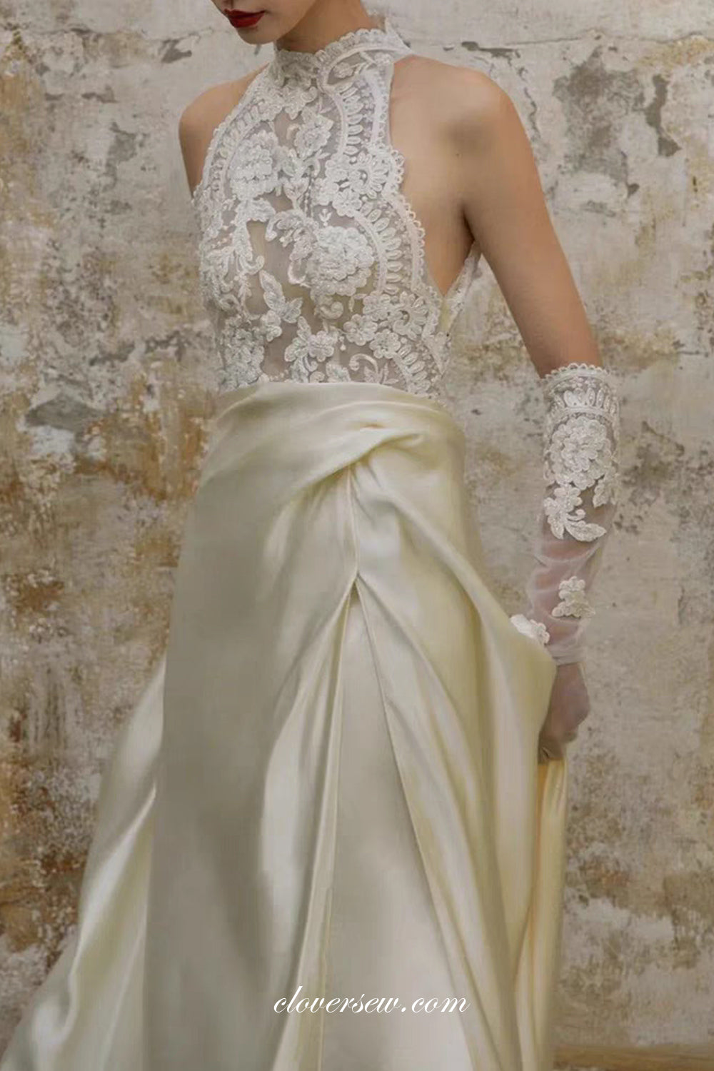 Ivory Silk Satin Illusion Lace Top Jewel Neck Vintage Wedding Dresses, clover sew Ivory Silk Satin Illusion Lace Top Jewel Neck Vintage Wedding Dresses, clover sew