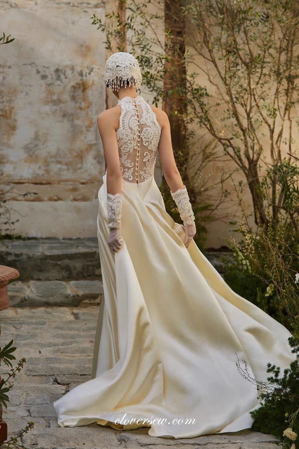 Ivory Silk Satin Illusion Lace Top Jewel Neck Vintage Wedding Dresses, CW0381