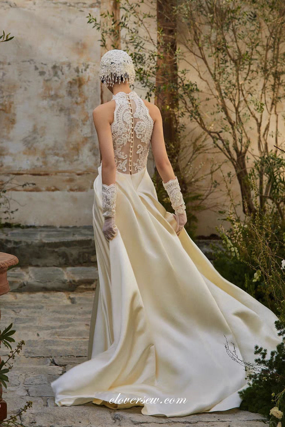 Ivory Silk Satin Illusion Lace Top Jewel Neck Vintage Wedding Dresses, CW0381 Ivory Silk Satin Illusion Lace Top Jewel Neck Vintage Wedding Dresses, CW0381