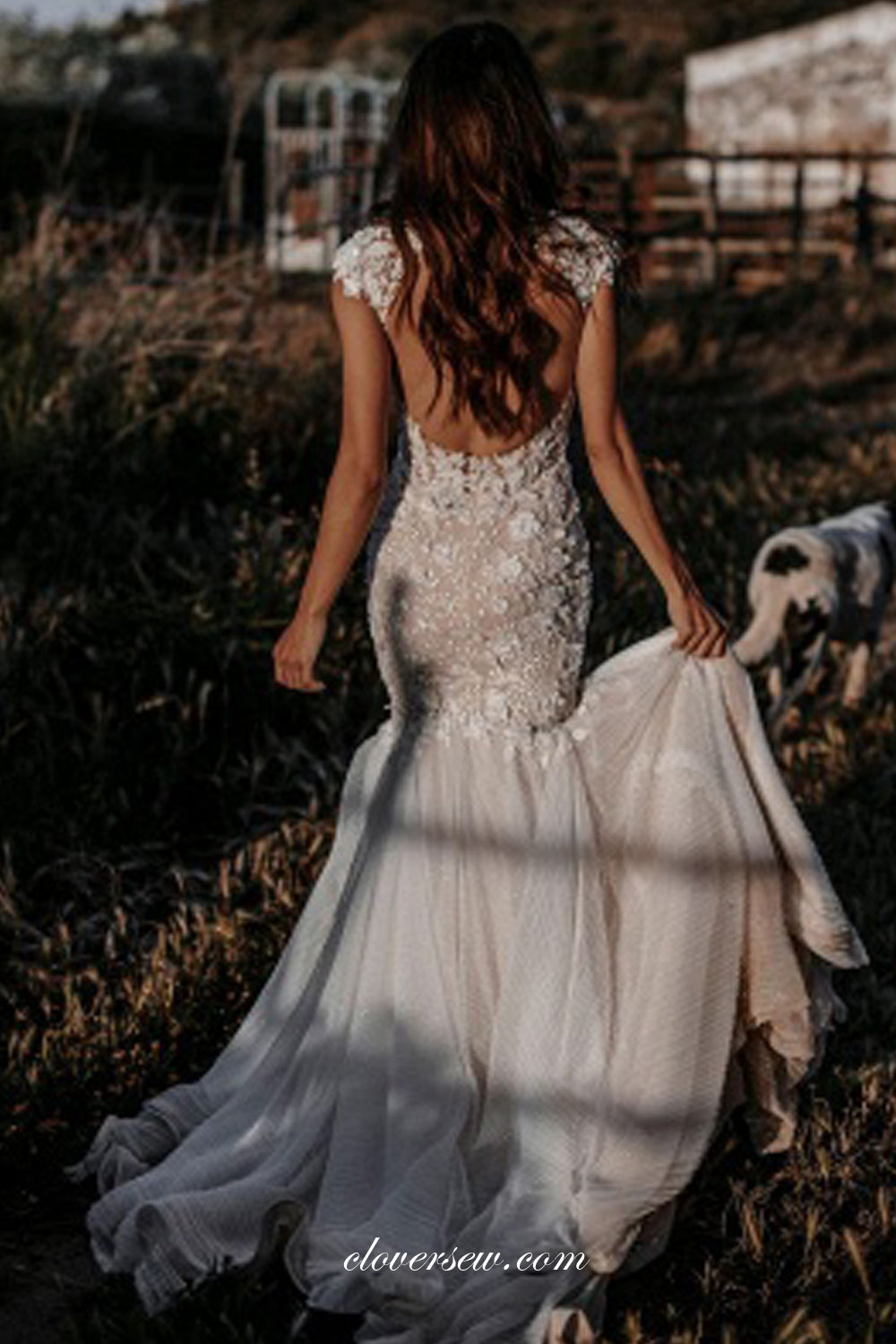 Lace Applique Cap Sleeves Open Back Mermaid Country Wedding Dresses, CW0353