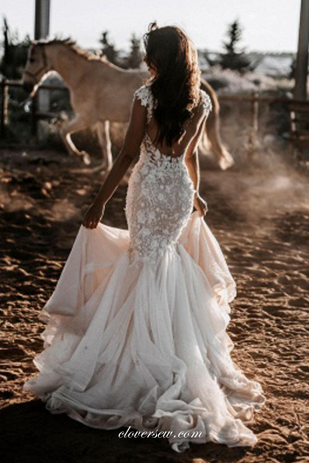 Lace Applique Cap Sleeves Open Back Mermaid Country Wedding Dresses, C clover sew Lace Applique Cap Sleeves Open Back Mermaid Country Wedding Dresses, C clover sew
