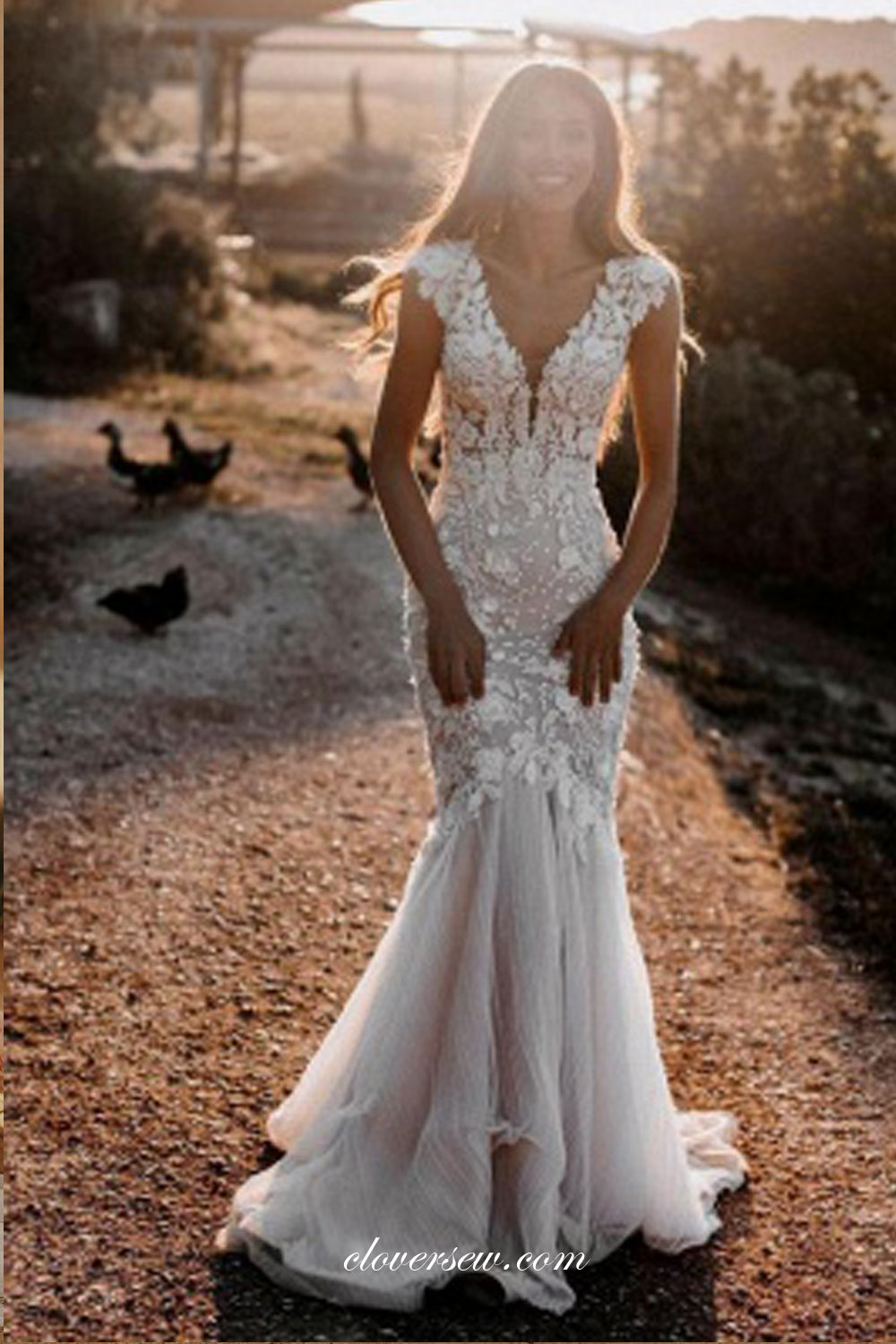 Lace Applique Cap Sleeves Open Back Mermaid Country Wedding Dresses, CW0353