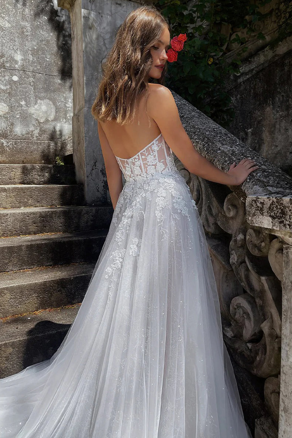 Lace Applique Sweetheart Strapless A-line With HIgh Slit Charming Wedding Dresses, CW0422