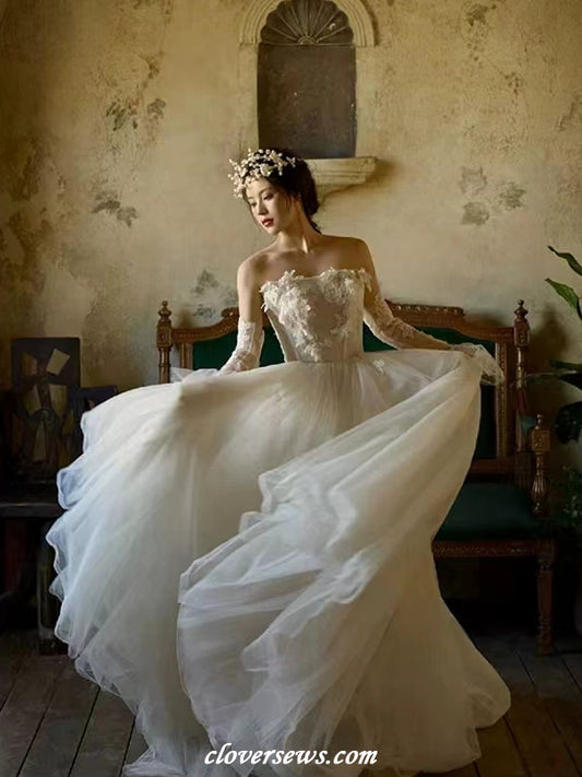 Lace Applique Tulle Strapless Lace Up Back A-line Wedding Dresses, CW0394
