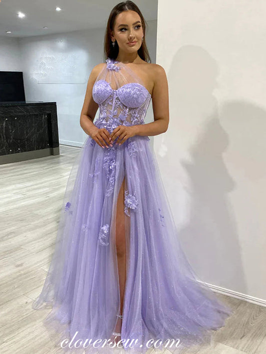 Lavender Tulle Glitter 3D Applique One Shoulder A-line With Slit Prom Dresses, CP1020