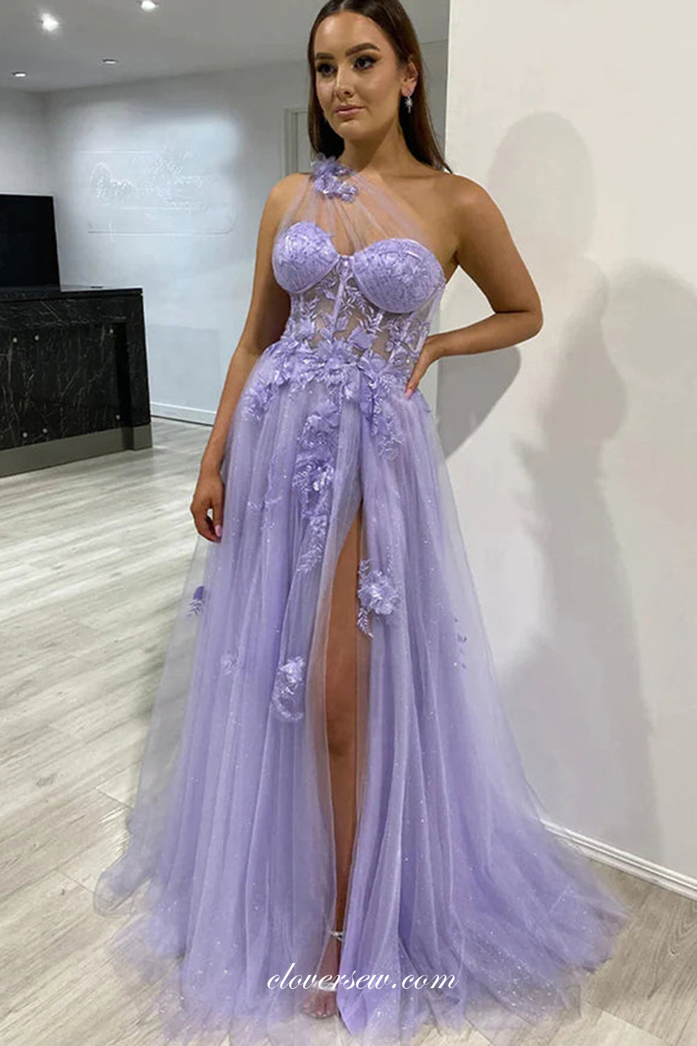 Lavender Tulle Glitter 3D Applique One Shoulder A-line With Slit Prom Dresses, CP1020