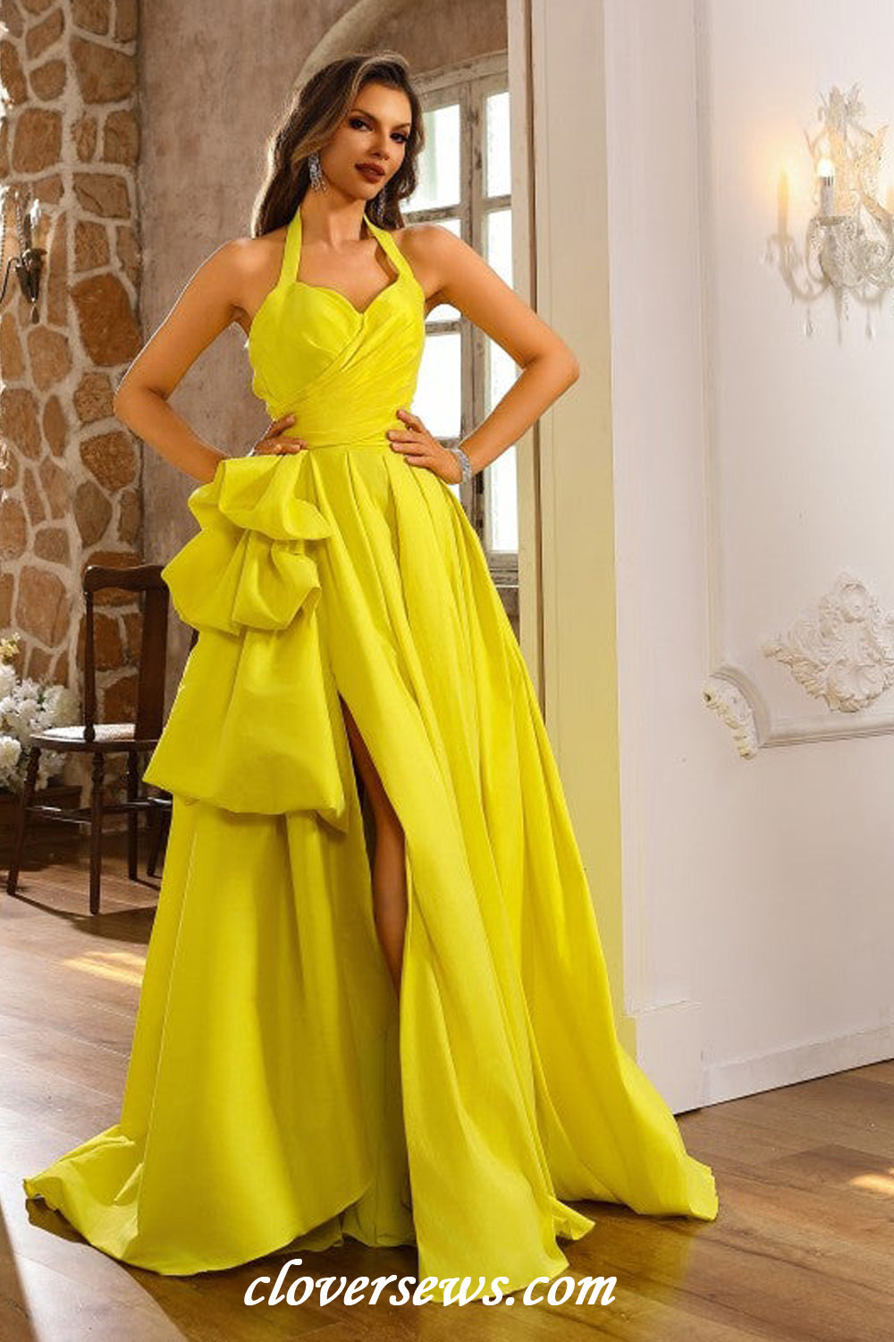 Lemon Yellow Satin Bubble A-line With Slit Halter Prom Dresses, CP1179 Lemon Yellow Satin Bubble A-line With Slit Halter Prom Dresses, CP1179