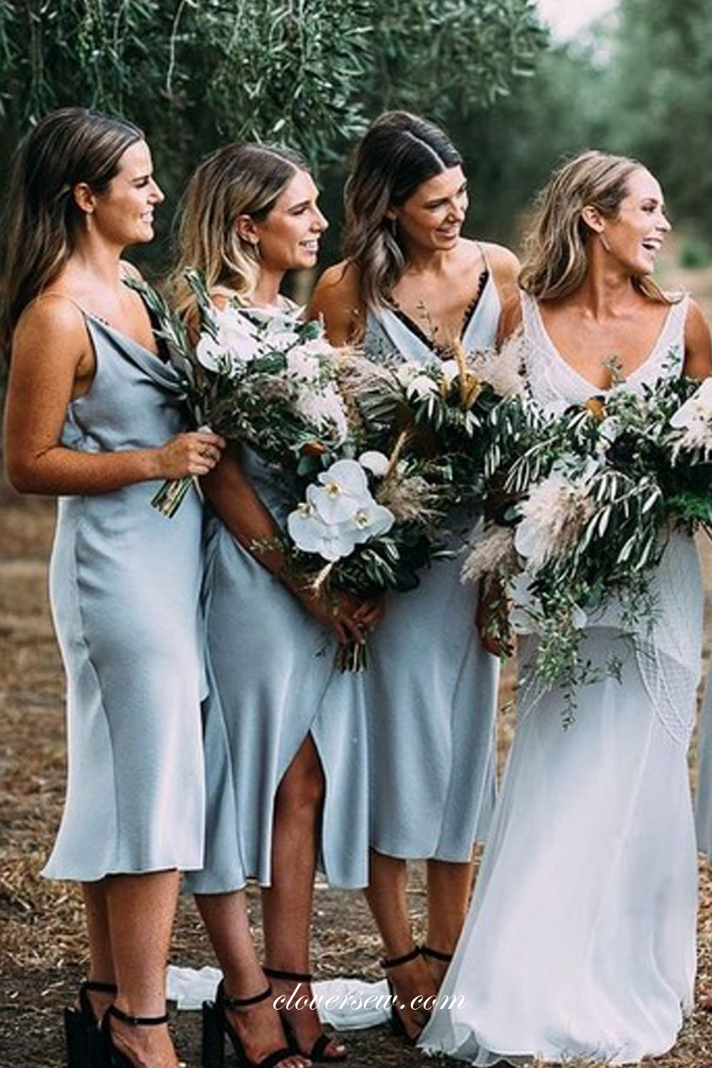 Light Blue Elastic Satin V-neck Tea-length Column With Slit Bridesmaid Dresses, CB0300