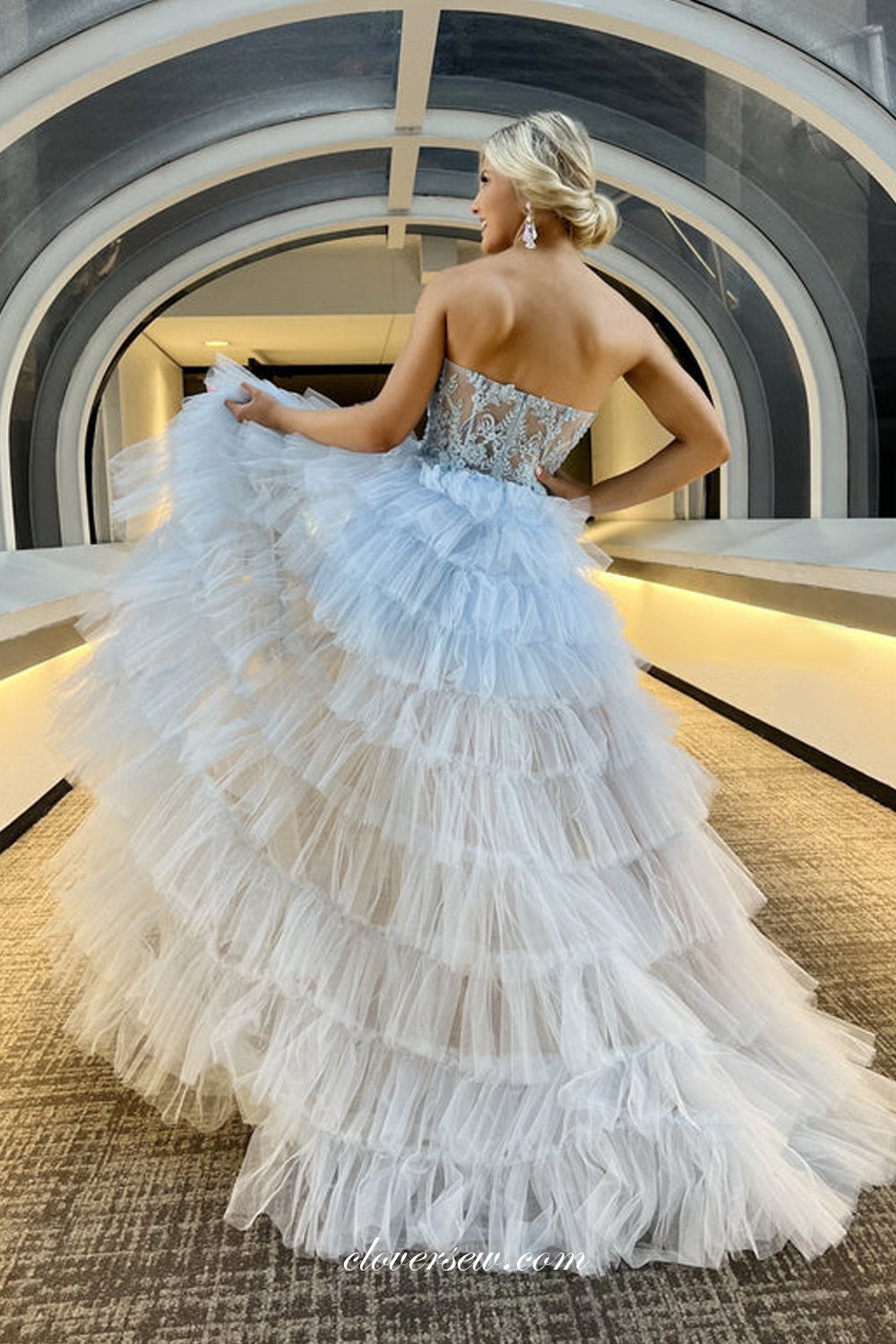 Light Blue White Gradient Tulle Tiered Fashion High Low Strapless A-li clover sew Light Blue White Gradient Tulle Tiered Fashion High Low Strapless A-li clover sew