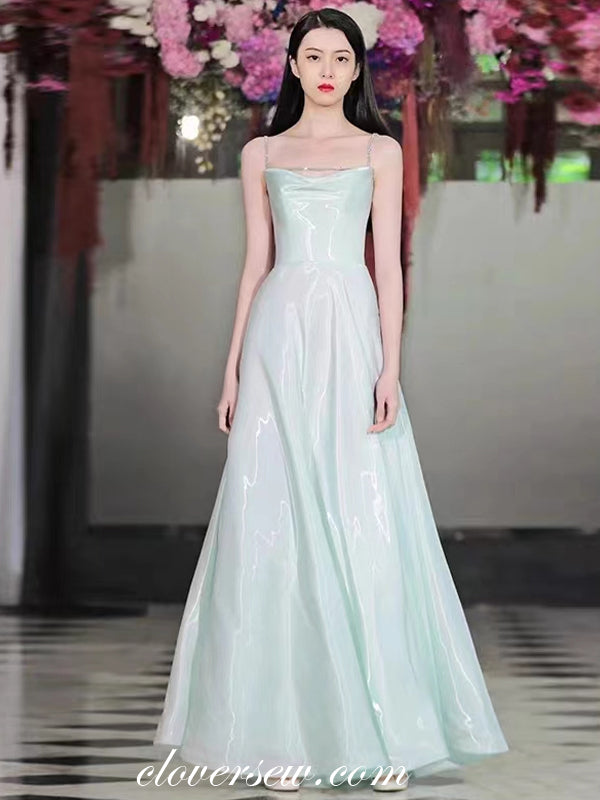 Light Green Shiny Satin Beading Spaghetti Straps A-line Prom Dresses, CP1035