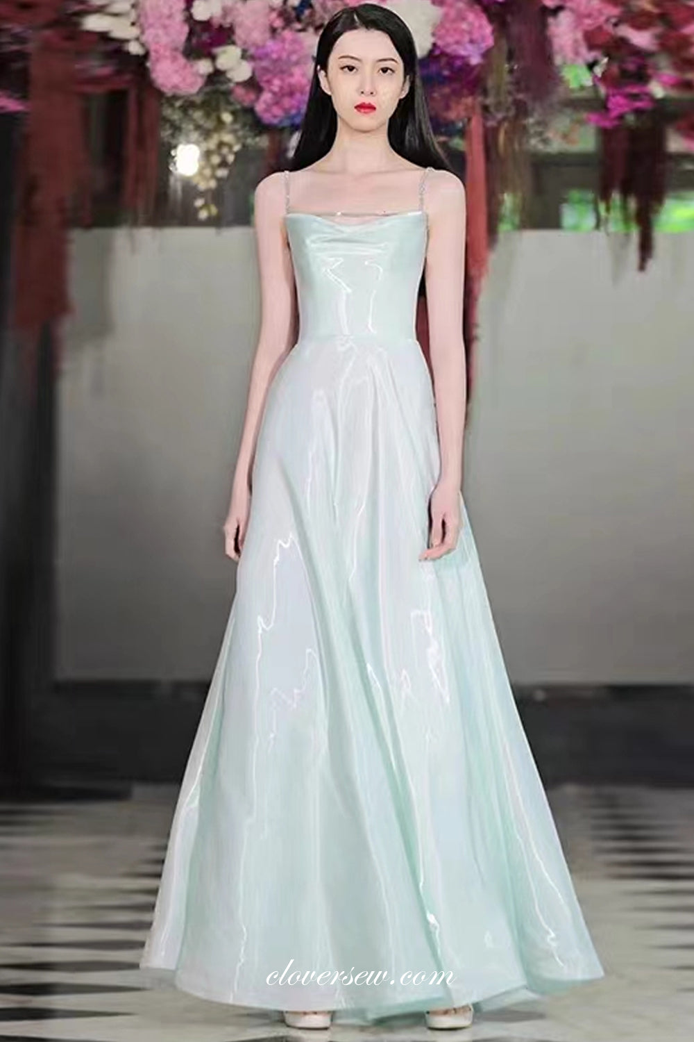 Light Green Shiny Satin Beading Spaghetti Straps A-line Prom Dresses, clover sew Light Green Shiny Satin Beading Spaghetti Straps A-line Prom Dresses, clover sew